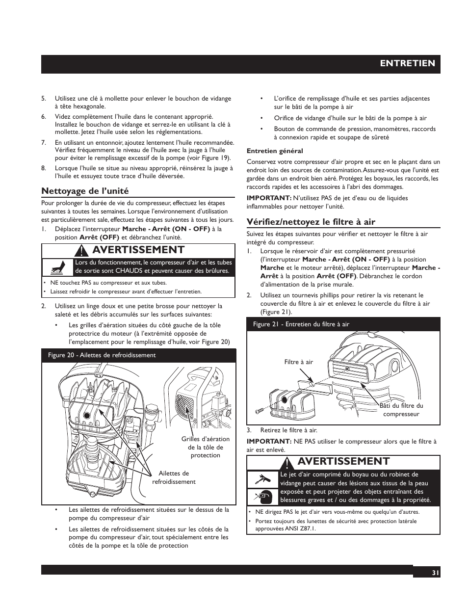 Avertissement, Entretien, Nettoyage de l’unité | Vérifiez/nettoyez le filtre à air | Briggs & Stratton 074000 User Manual | Page 31 / 56