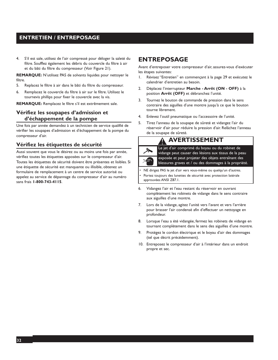 Entreposage, Avertissement | Briggs & Stratton 074000 User Manual | Page 32 / 56