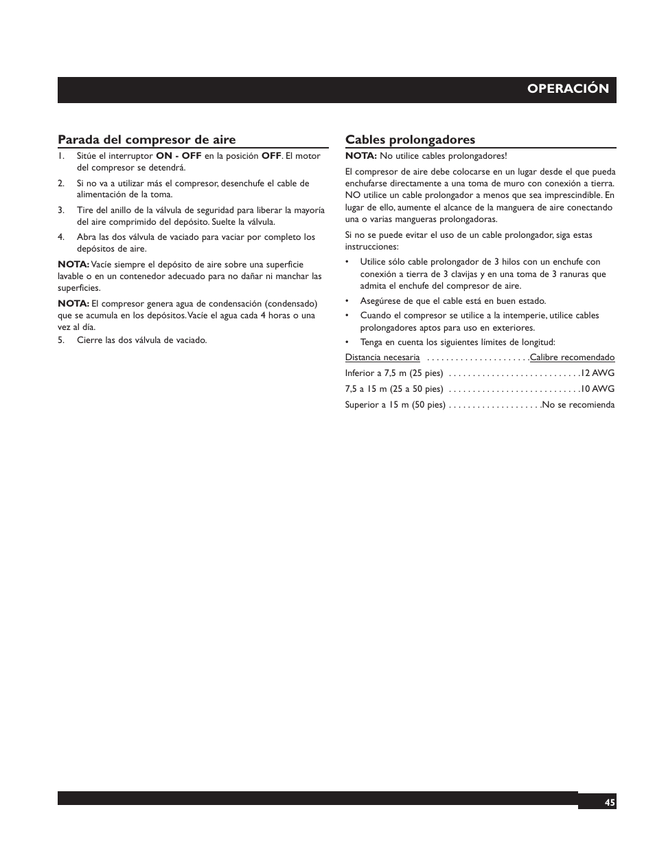 Operación, Parada del compresor de aire, Cables prolongadores | Briggs & Stratton 074000 User Manual | Page 45 / 56