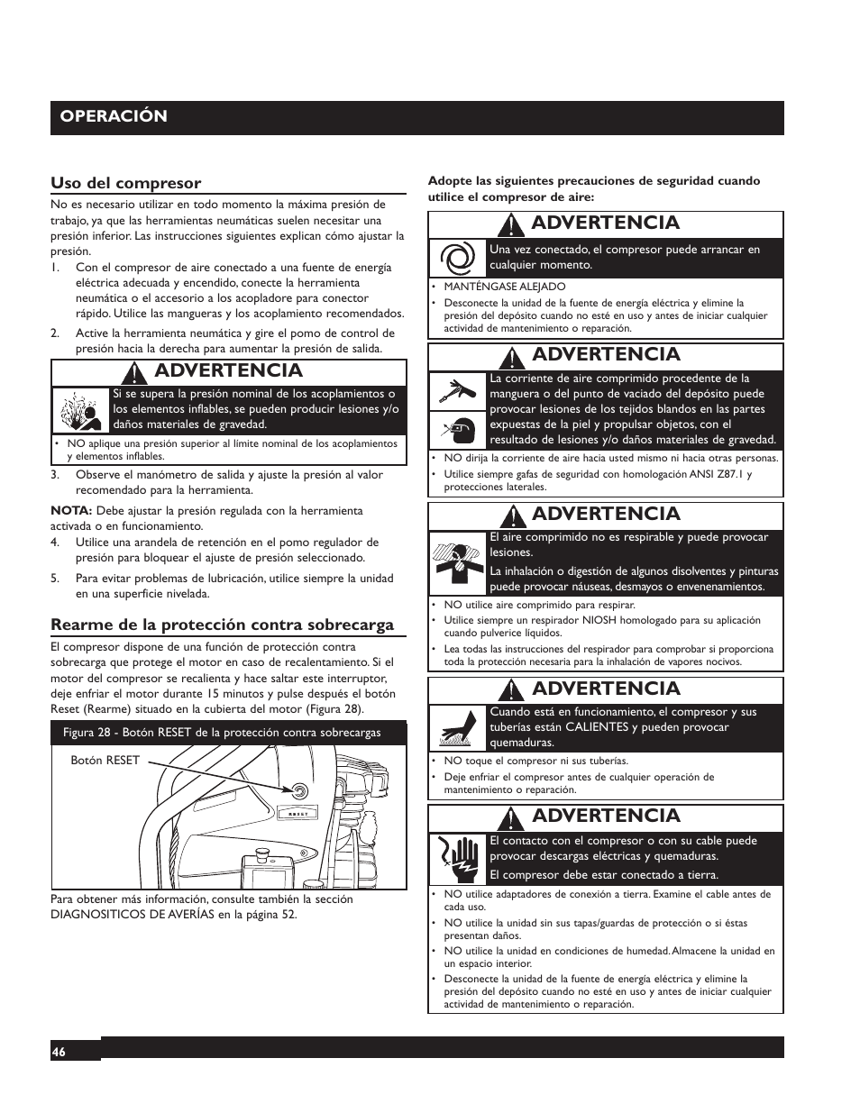 Advertencia, Operación, Uso del compresor | Rearme de la protección contra sobrecarga | Briggs & Stratton 074000 User Manual | Page 46 / 56