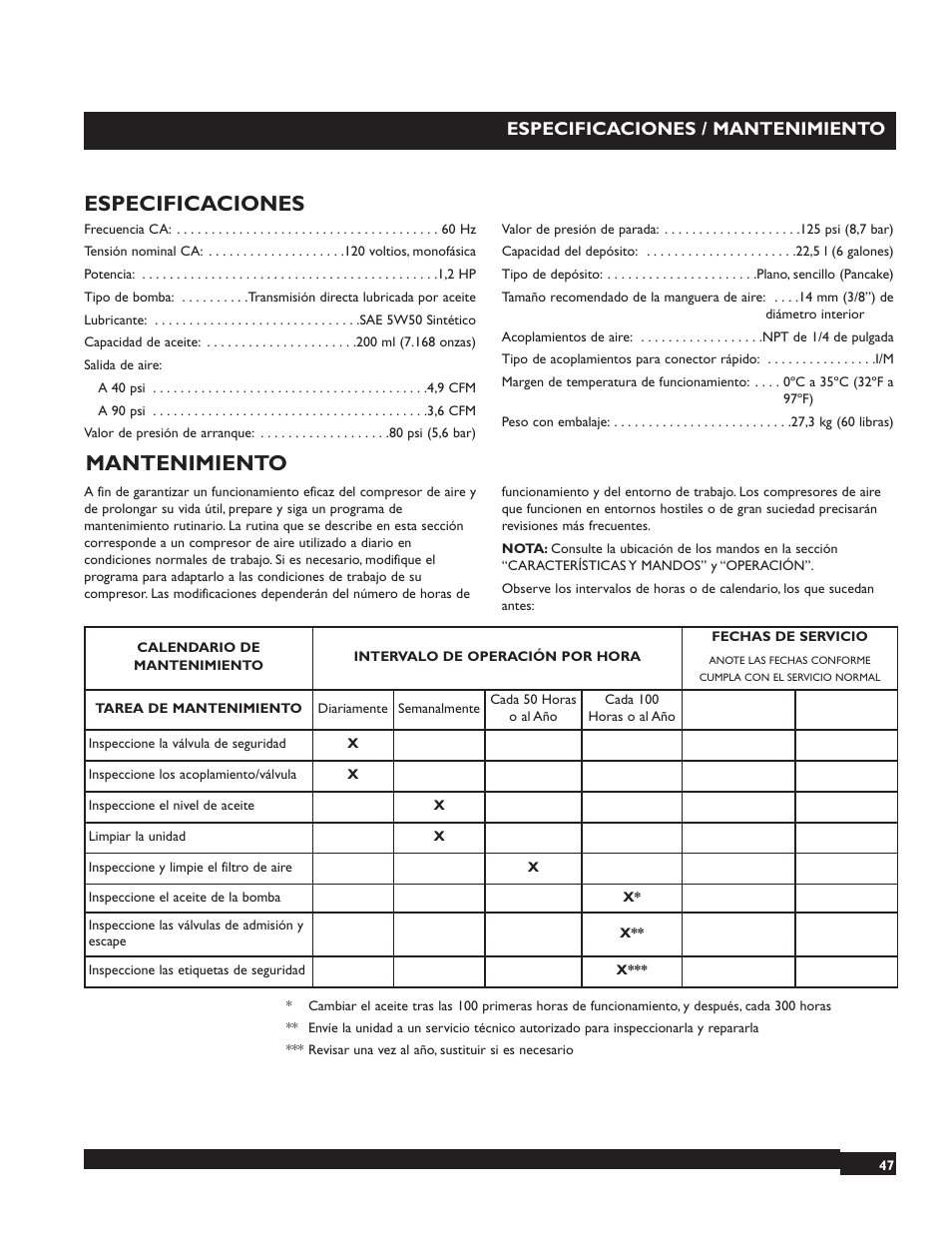 Especificaciones, Mantenimiento, Especificaciones / mantenimiento | Briggs & Stratton 074000 User Manual | Page 47 / 56