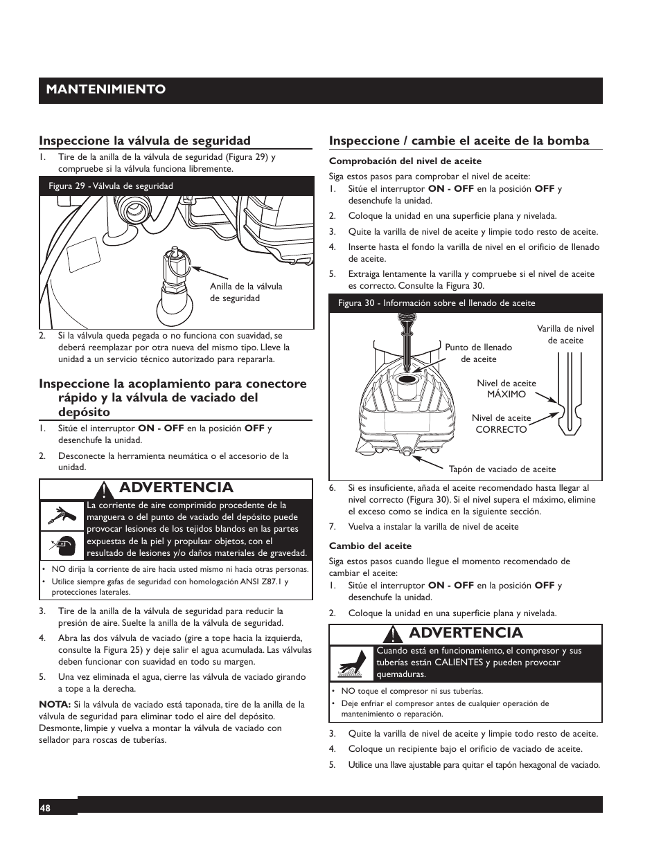 Advertencia, Mantenimiento, Inspeccione la válvula de seguridad | Inspeccione / cambie el aceite de la bomba | Briggs & Stratton 074000 User Manual | Page 48 / 56