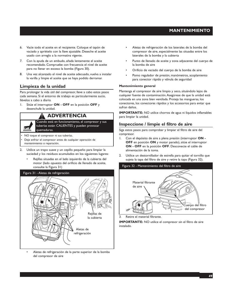 Advertencia, Mantenimiento, Limpieza de la unidad | Inspeccione / limpie el filtro de aire | Briggs & Stratton 074000 User Manual | Page 49 / 56