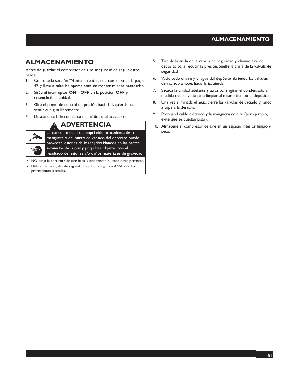 Advertencia, Almacenamiento | Briggs & Stratton 074000 User Manual | Page 51 / 56