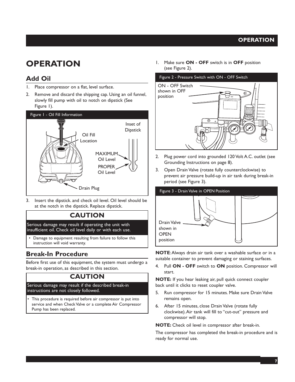 Operation, Add oil, Break-in procedure | Caution | Briggs & Stratton 074000 User Manual | Page 7 / 56
