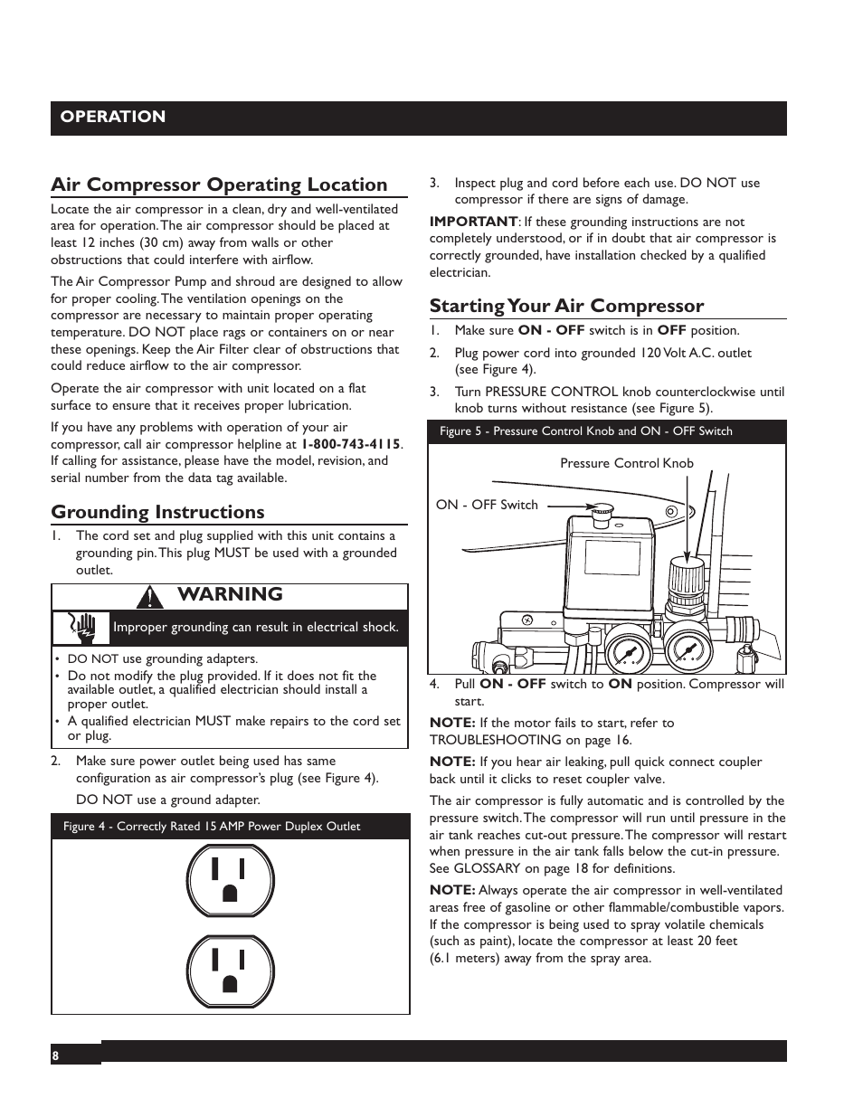 Air compressor operating location, Grounding instructions, Starting your air compressor | Warning | Briggs & Stratton 074000 User Manual | Page 8 / 56