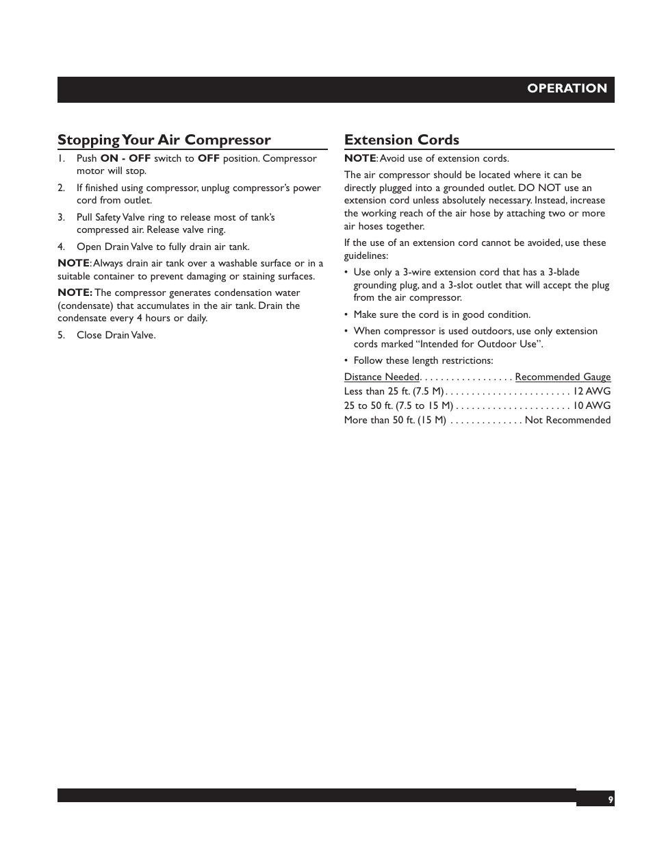 Stopping your air compressor, Extension cords | Briggs & Stratton 074000 User Manual | Page 9 / 56