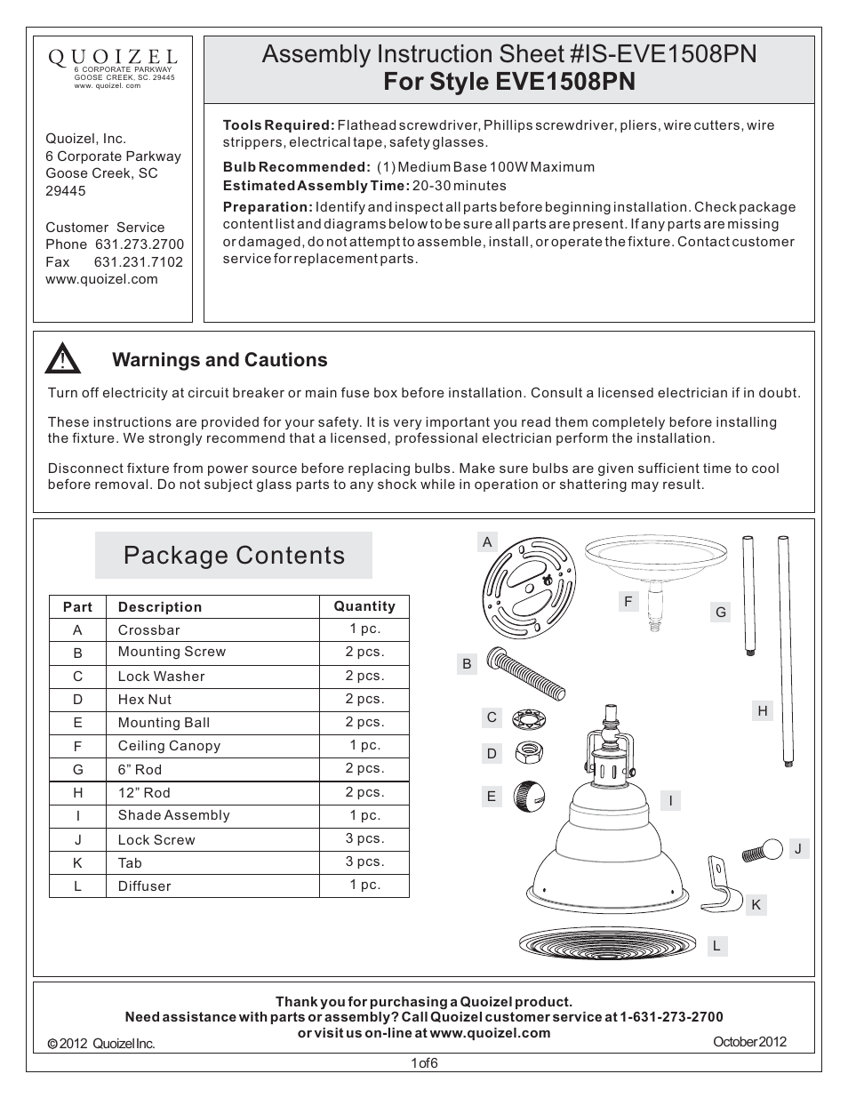 Quoizel EVE1508PN Eastvale User Manual | 6 pages