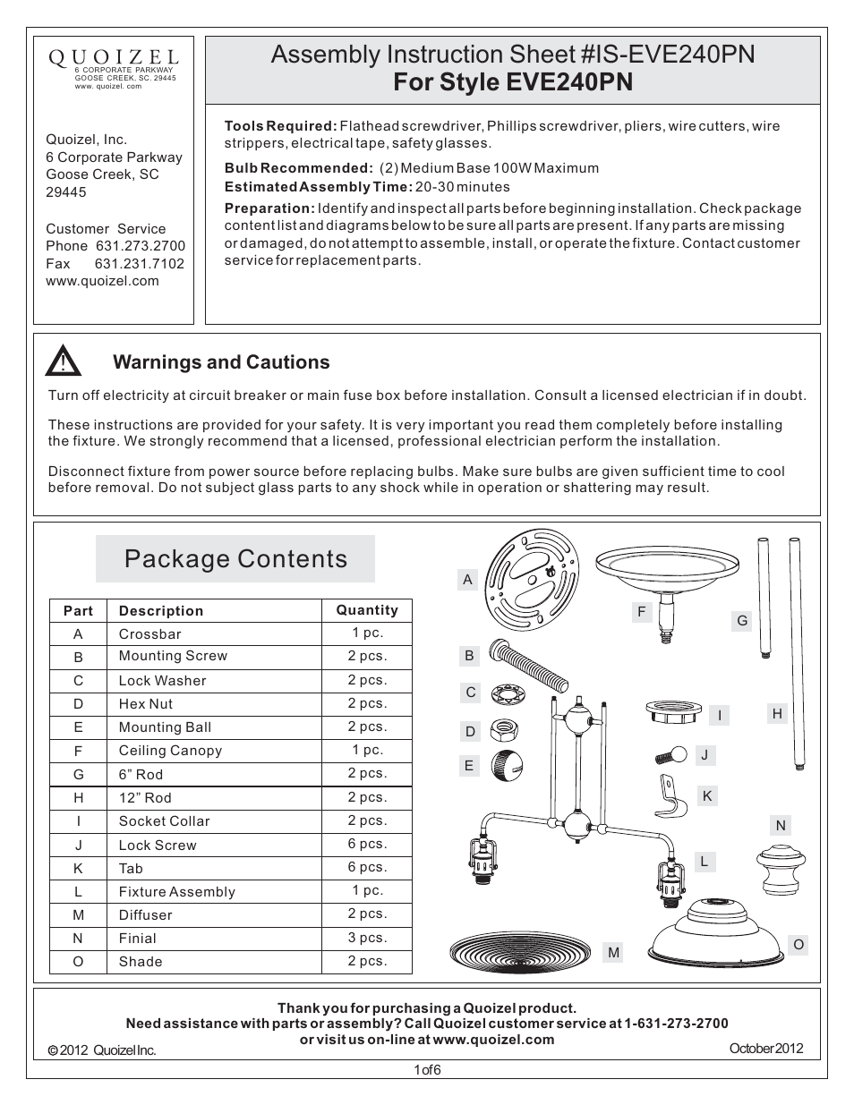 Quoizel EVE240PN Eastvale User Manual | 6 pages