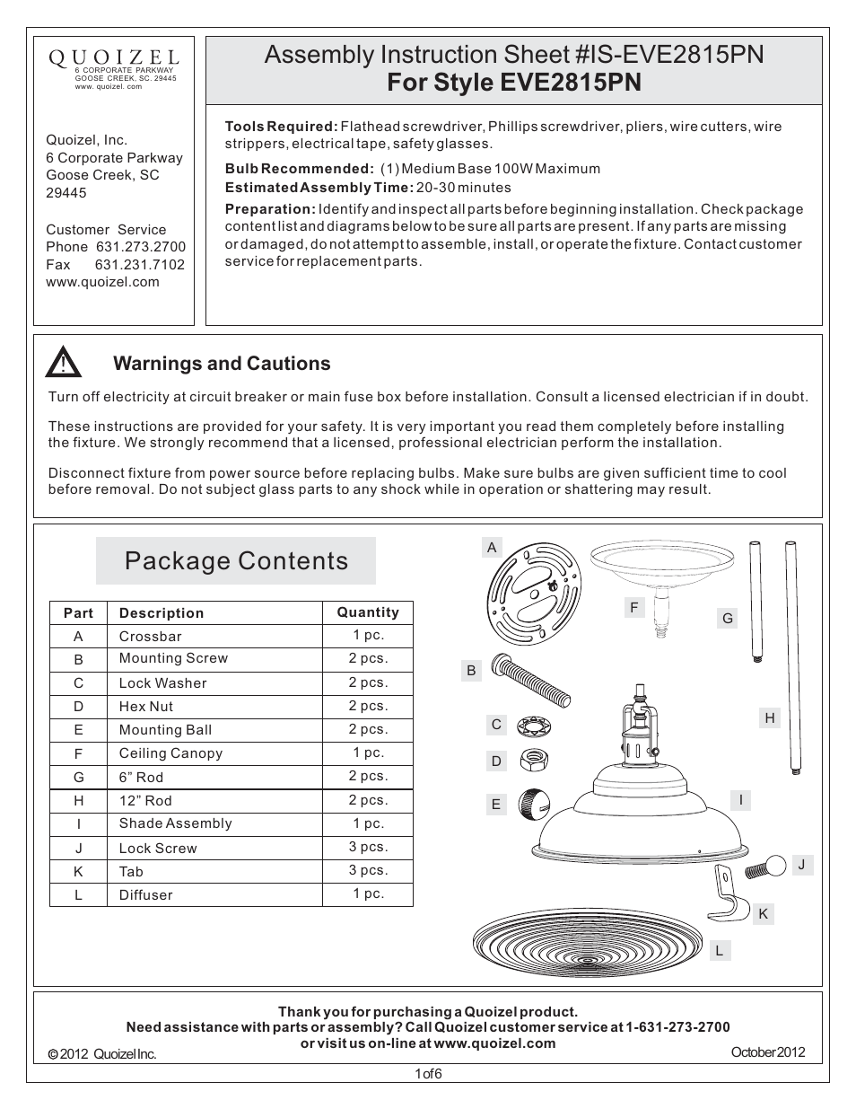 Quoizel EVE2815PN Eastvale User Manual | 6 pages