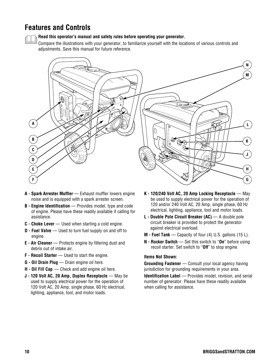 Features and controls | Briggs & Stratton 209443gs User Manual | Page 10 / 48