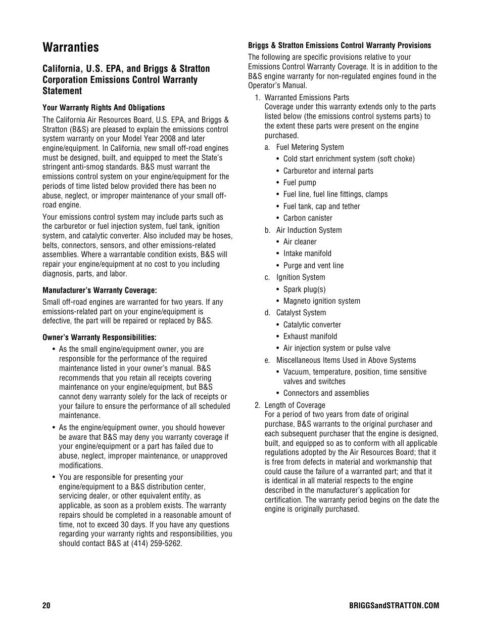 Warranties | Briggs & Stratton 209443gs User Manual | Page 20 / 48
