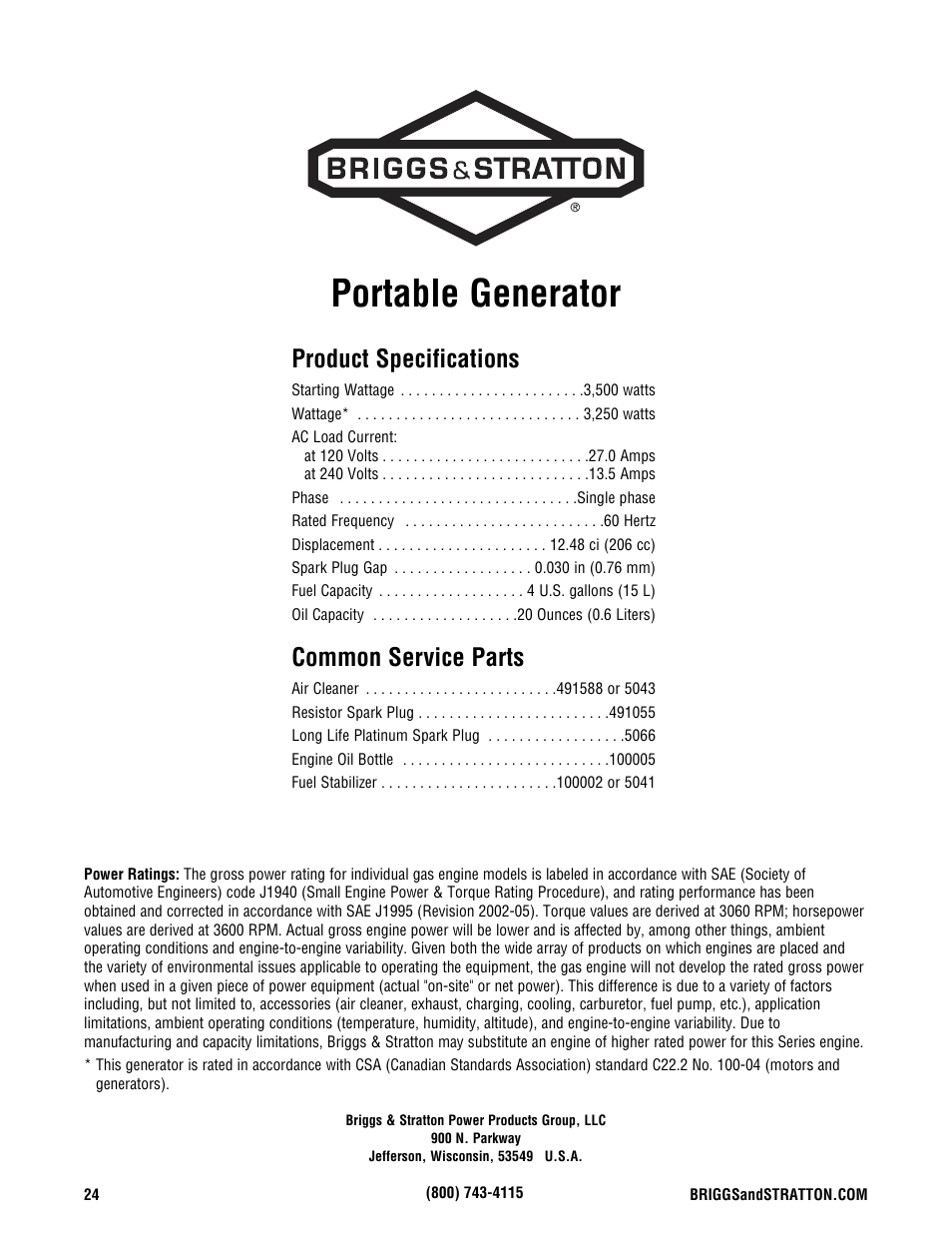 Portable generator, Product specifications, Common service parts | Briggs & Stratton 209443gs User Manual | Page 24 / 48