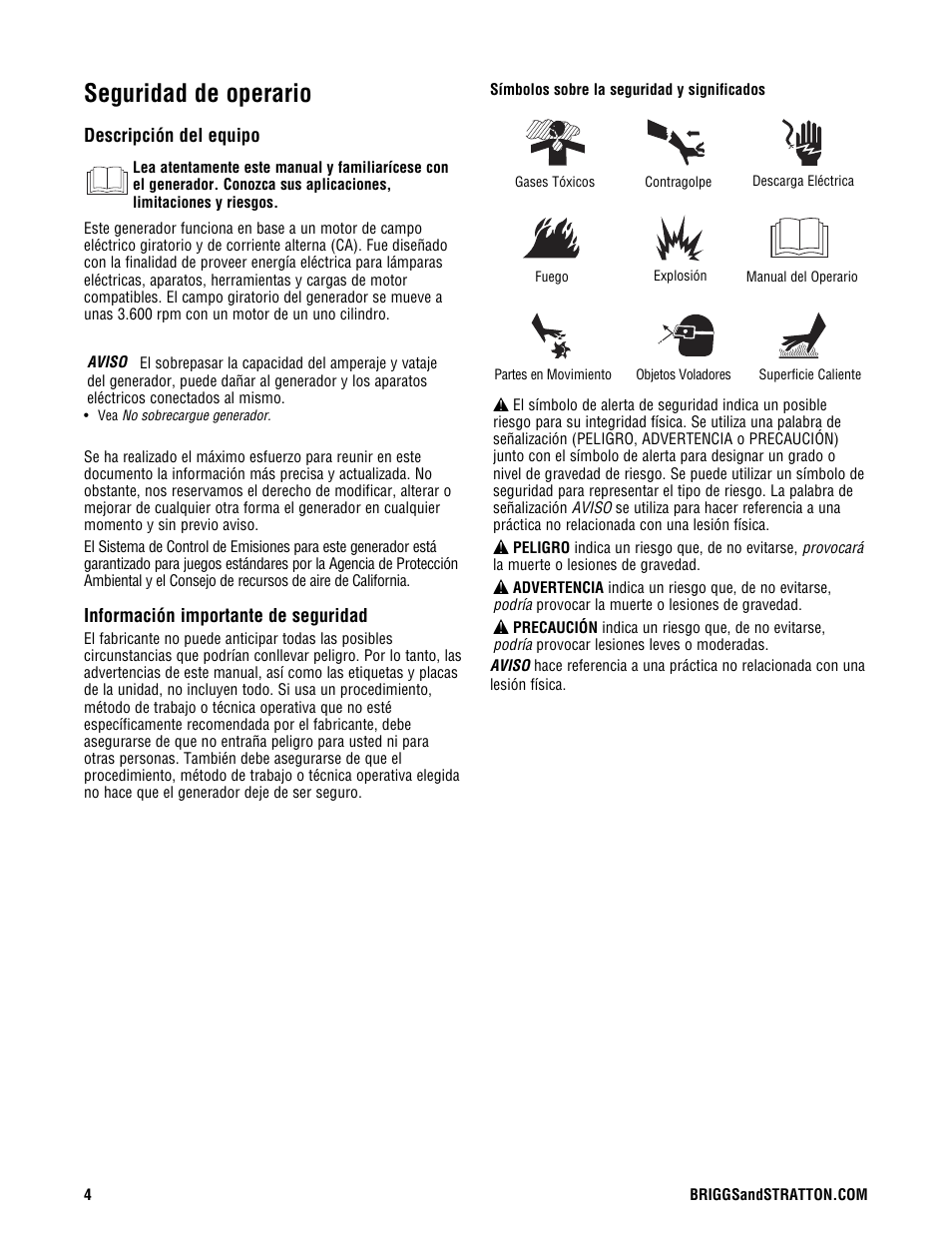 Seguridad de operario | Briggs & Stratton 209443gs User Manual | Page 28 / 48