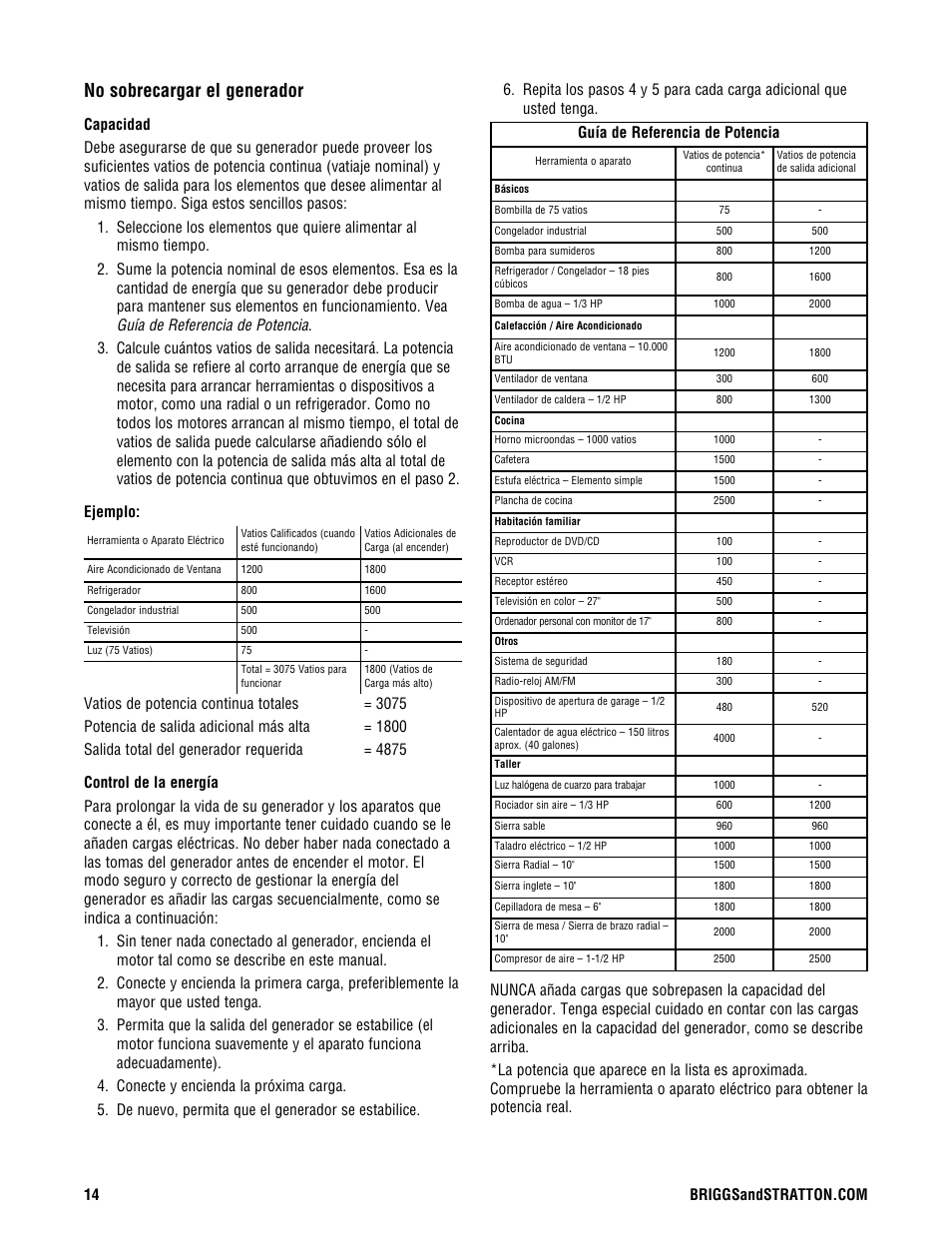 No sobrecargar el generador, Guía de referencia de potencia | Briggs & Stratton 209443gs User Manual | Page 38 / 48
