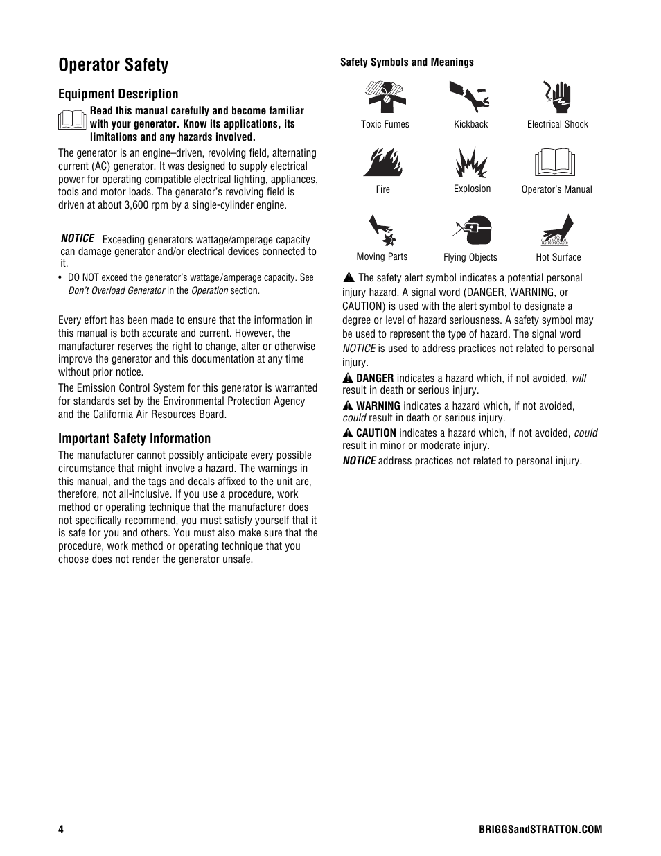 Operator safety | Briggs & Stratton 209443gs User Manual | Page 4 / 48