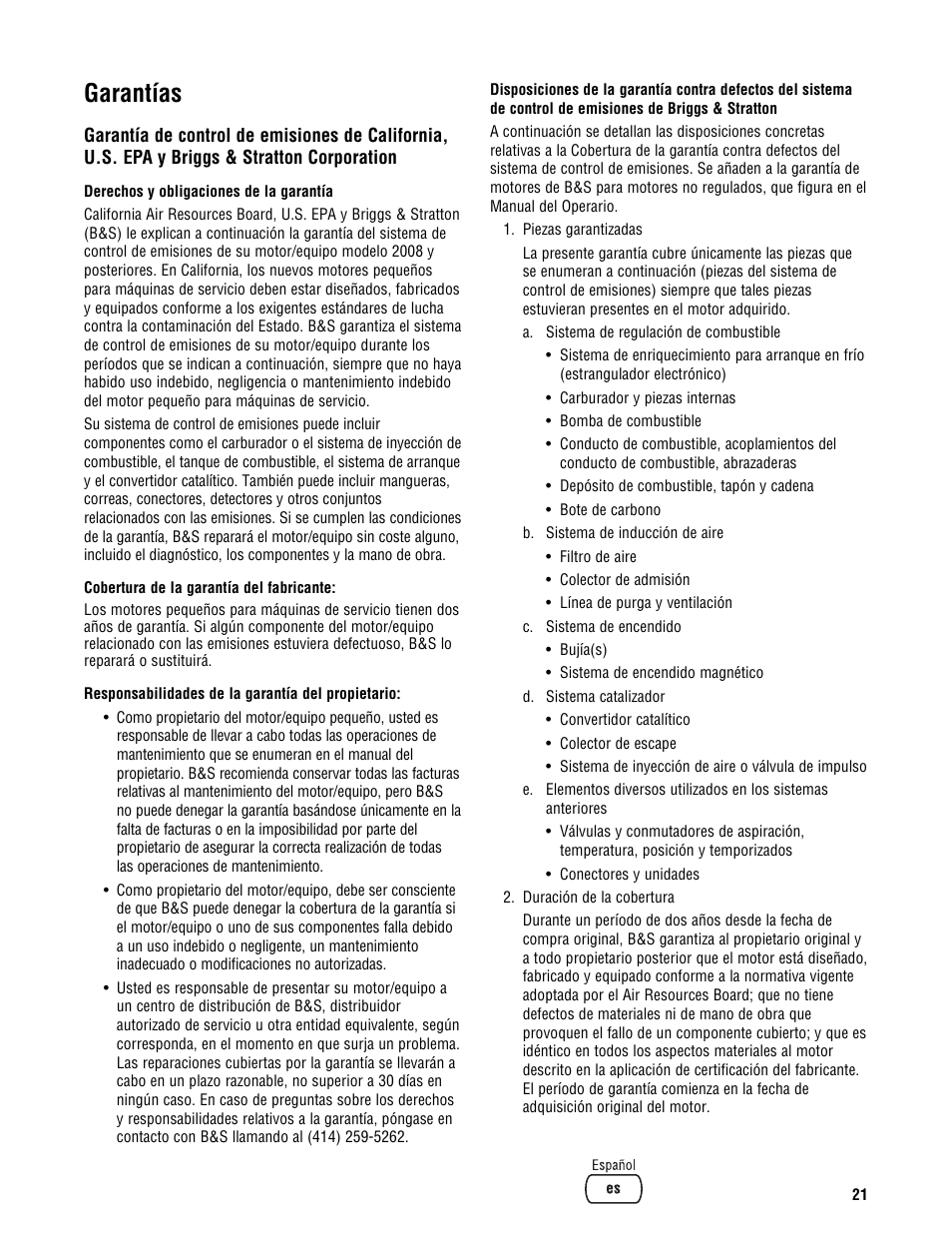 Garantías | Briggs & Stratton 209443gs User Manual | Page 45 / 48