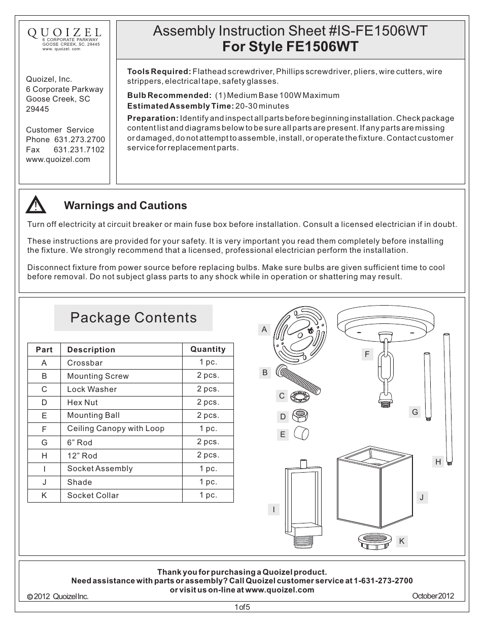 Quoizel FE1506WT Ferndale User Manual | 5 pages