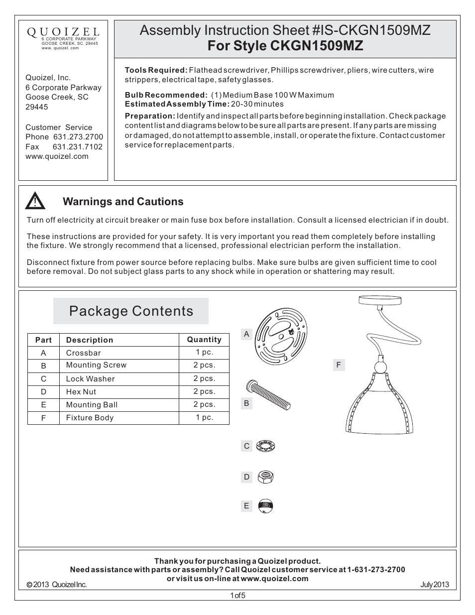 Quoizel CKGN1509MZ Gaston User Manual | 5 pages