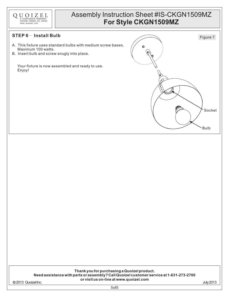 Quoizel CKGN1509MZ Gaston User Manual | Page 5 / 5