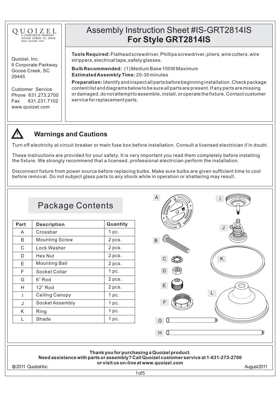 Quoizel GRT2814IS Grant User Manual | 5 pages