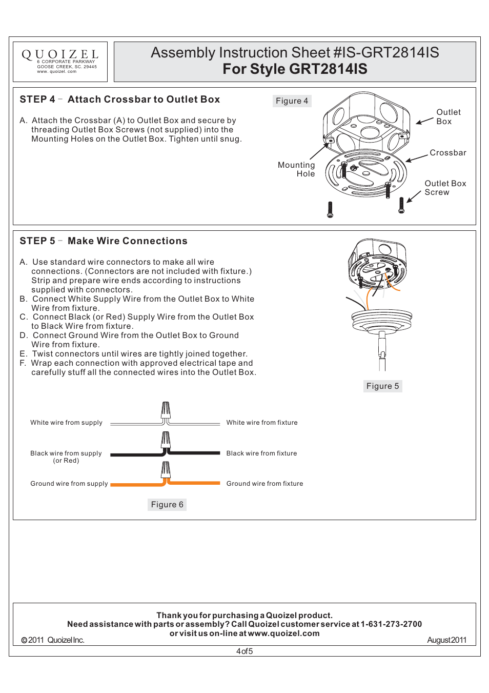 Step 4 - attach crossbar to outlet box, Step 5 make wire connections | Quoizel GRT2814IS Grant User Manual | Page 4 / 5