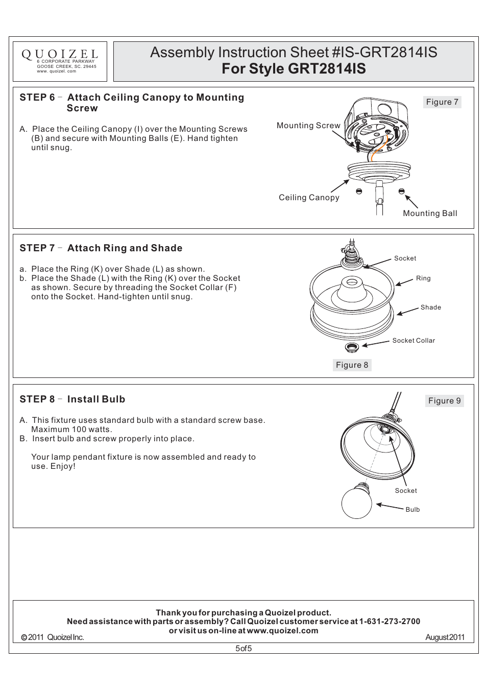 Quoizel GRT2814IS Grant User Manual | Page 5 / 5