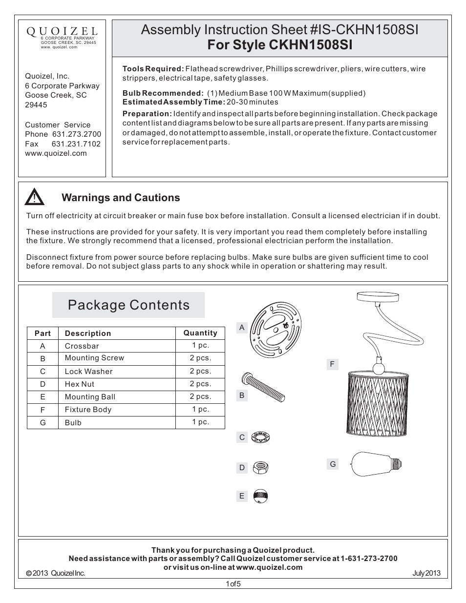 Quoizel CKHN1508SI Harlan User Manual | 5 pages