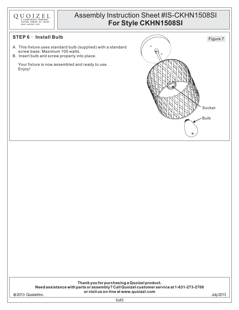 Quoizel CKHN1508SI Harlan User Manual | Page 5 / 5