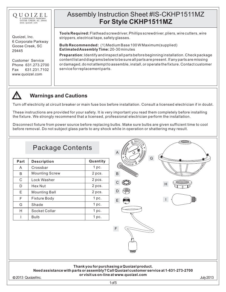 Quoizel CKHP1511MZ Heritage Pendant User Manual | 5 pages