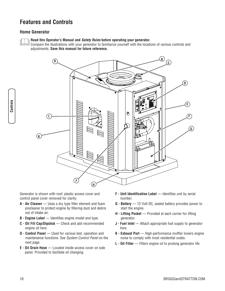 Features and controls | Briggs & Stratton 7000 WATT 206484GS User Manual | Page 18 / 92