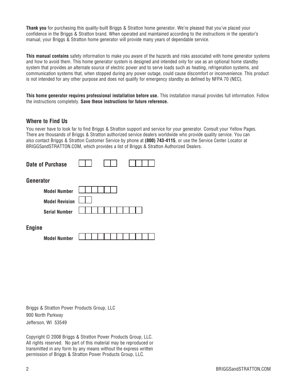 Briggs & Stratton 7000 WATT 206484GS User Manual | Page 2 / 92