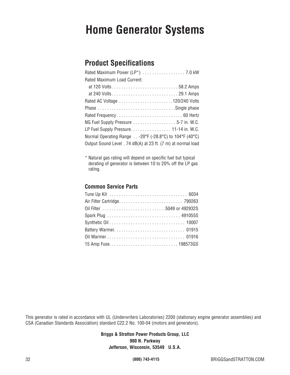 Home generator systems, Product specifications | Briggs & Stratton 7000 WATT 206484GS User Manual | Page 32 / 92