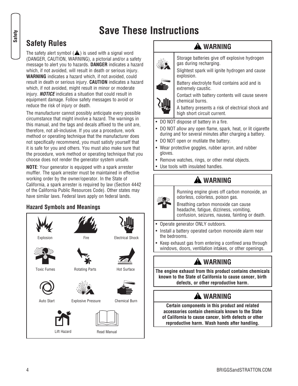 Save these instructions, Safety rules, Warning | Briggs & Stratton 7000 WATT 206484GS User Manual | Page 4 / 92