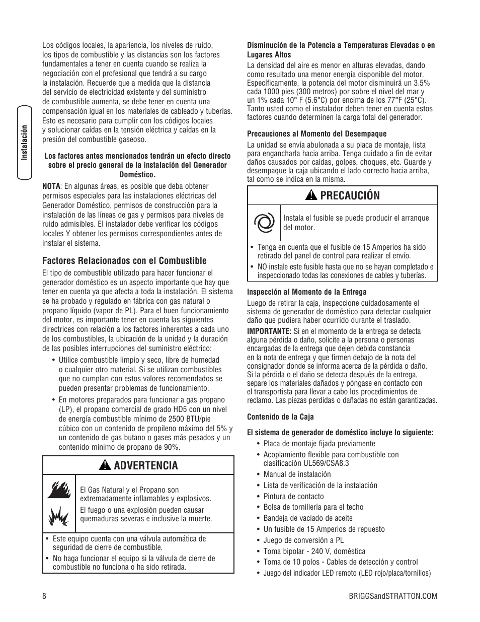 Advertencia, Precaución | Briggs & Stratton 7000 WATT 206484GS User Manual | Page 40 / 92