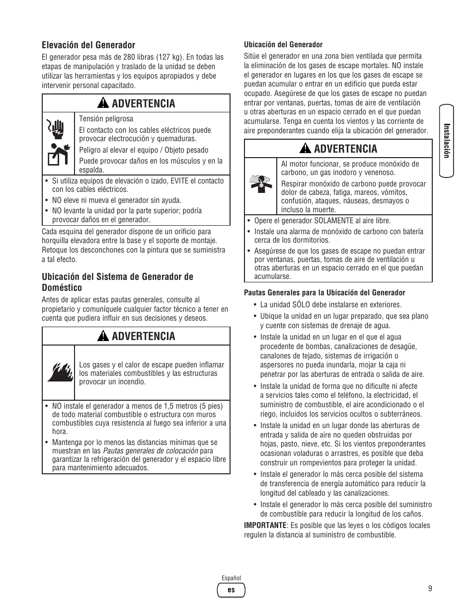Advertencia | Briggs & Stratton 7000 WATT 206484GS User Manual | Page 41 / 92