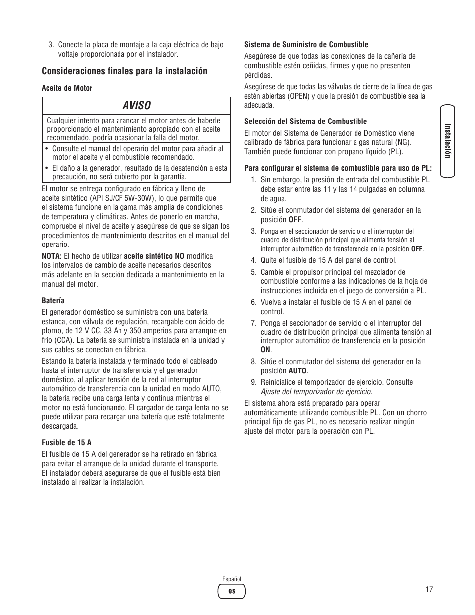 Aviso | Briggs & Stratton 7000 WATT 206484GS User Manual | Page 49 / 92
