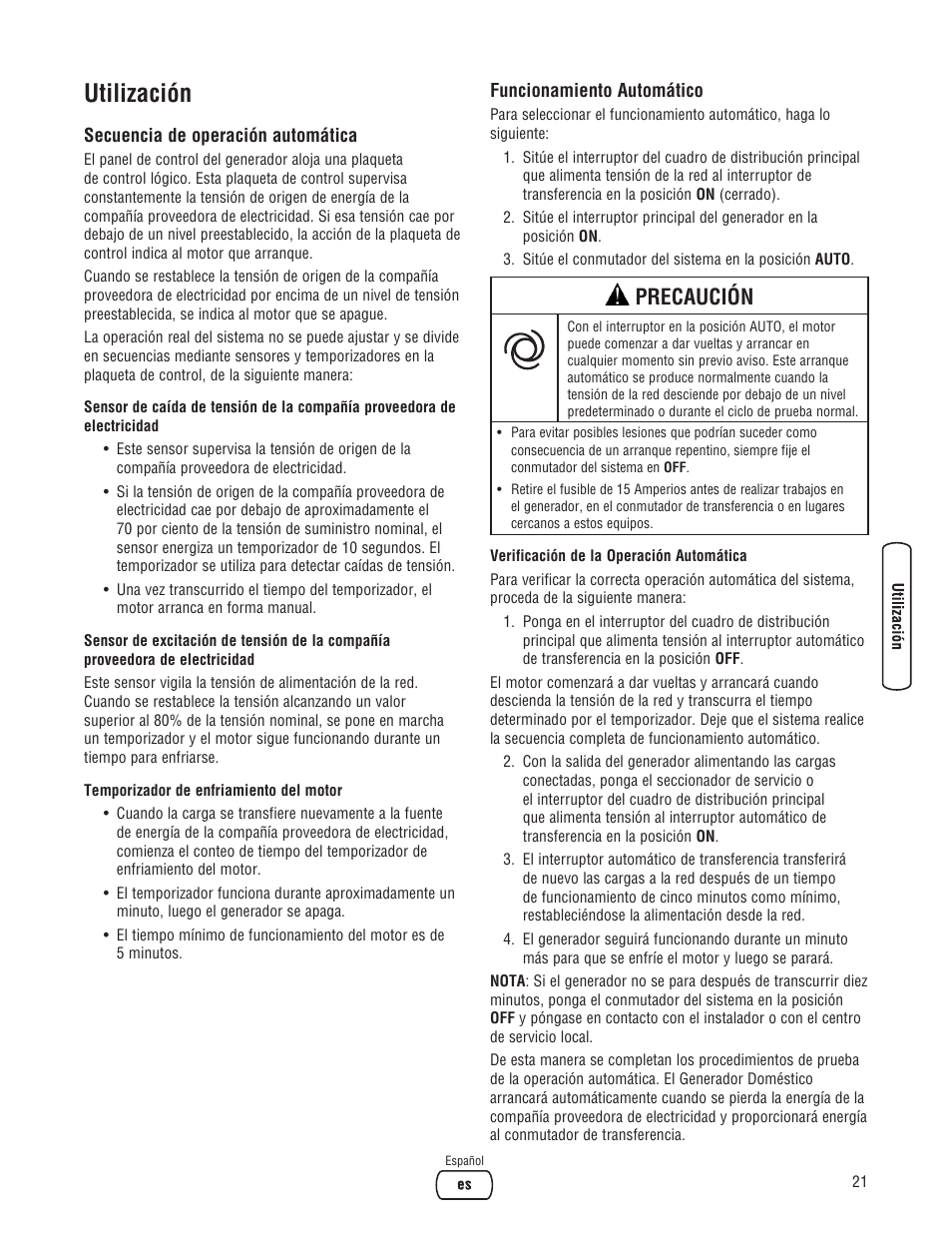 Utilización, Precaución | Briggs & Stratton 7000 WATT 206484GS User Manual | Page 53 / 92