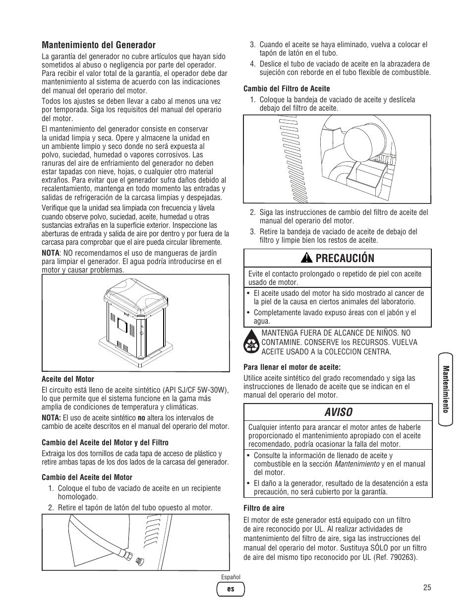 Precaución, Aviso | Briggs & Stratton 7000 WATT 206484GS User Manual | Page 57 / 92