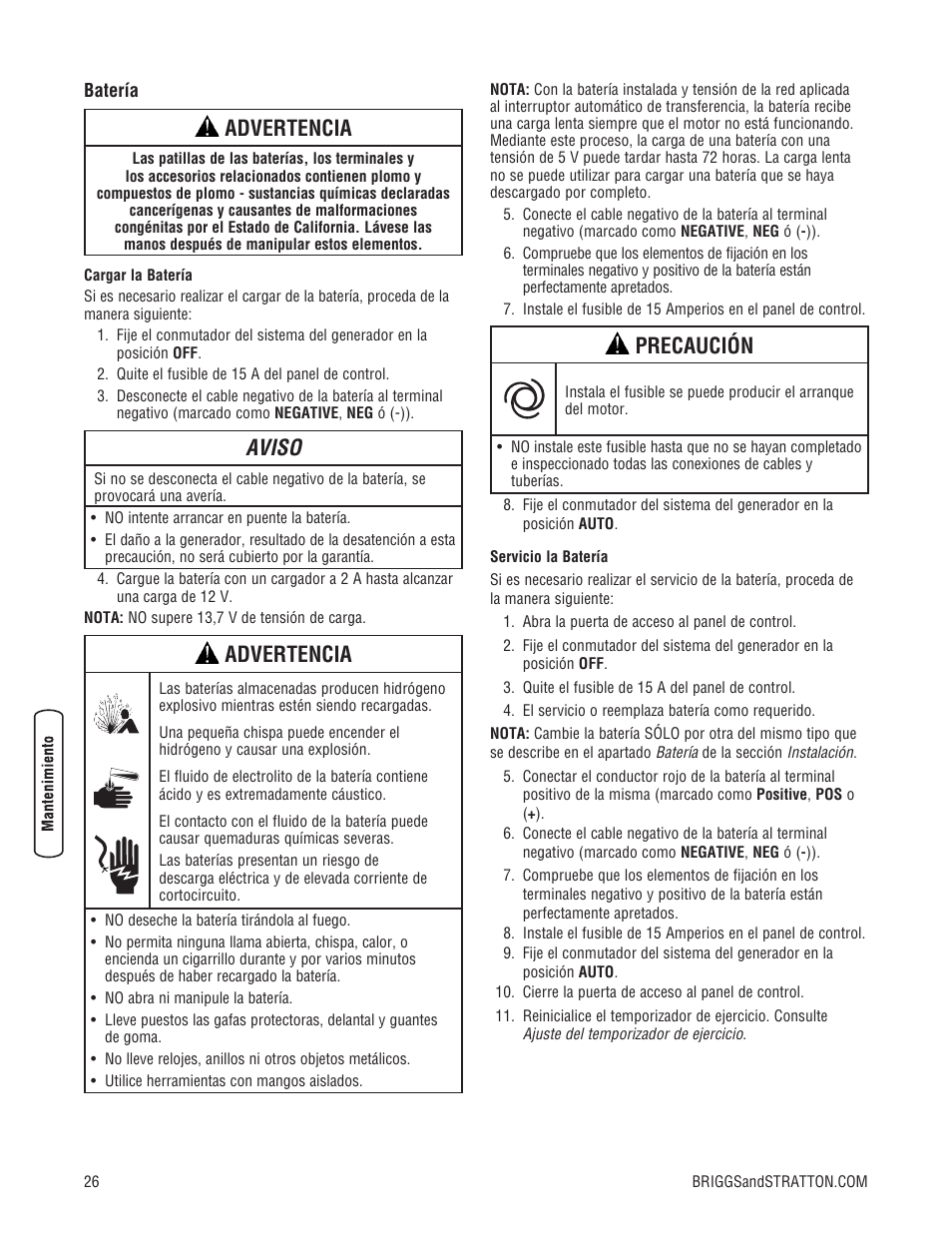 Advertencia, Aviso, Precaución | Briggs & Stratton 7000 WATT 206484GS User Manual | Page 58 / 92