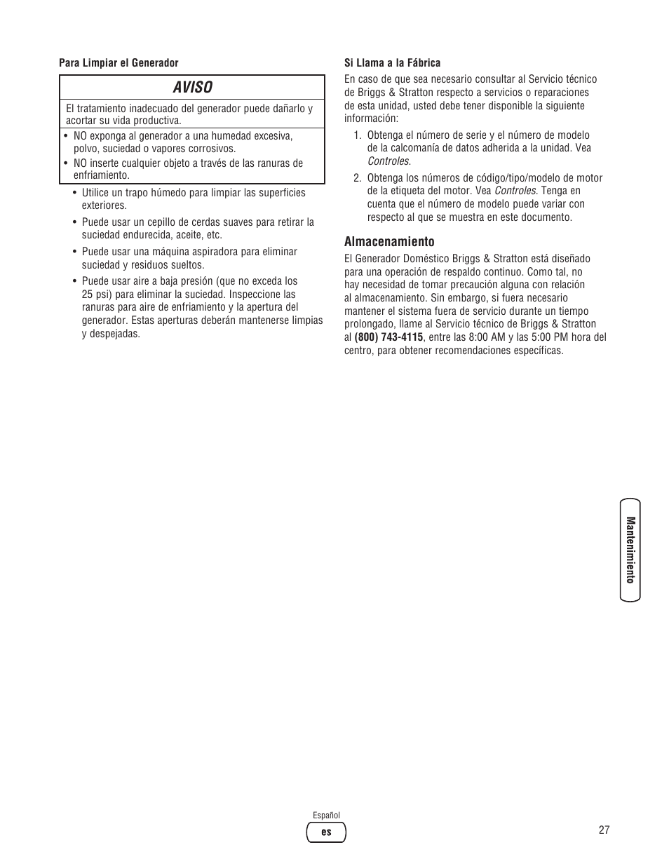 Aviso | Briggs & Stratton 7000 WATT 206484GS User Manual | Page 59 / 92
