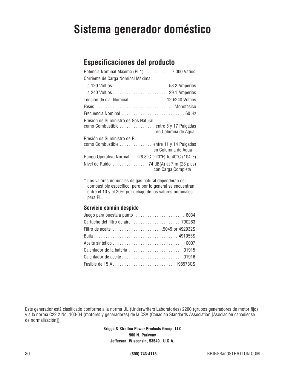 Sistema generador doméstico, Especificaciones del producto | Briggs & Stratton 7000 WATT 206484GS User Manual | Page 62 / 92
