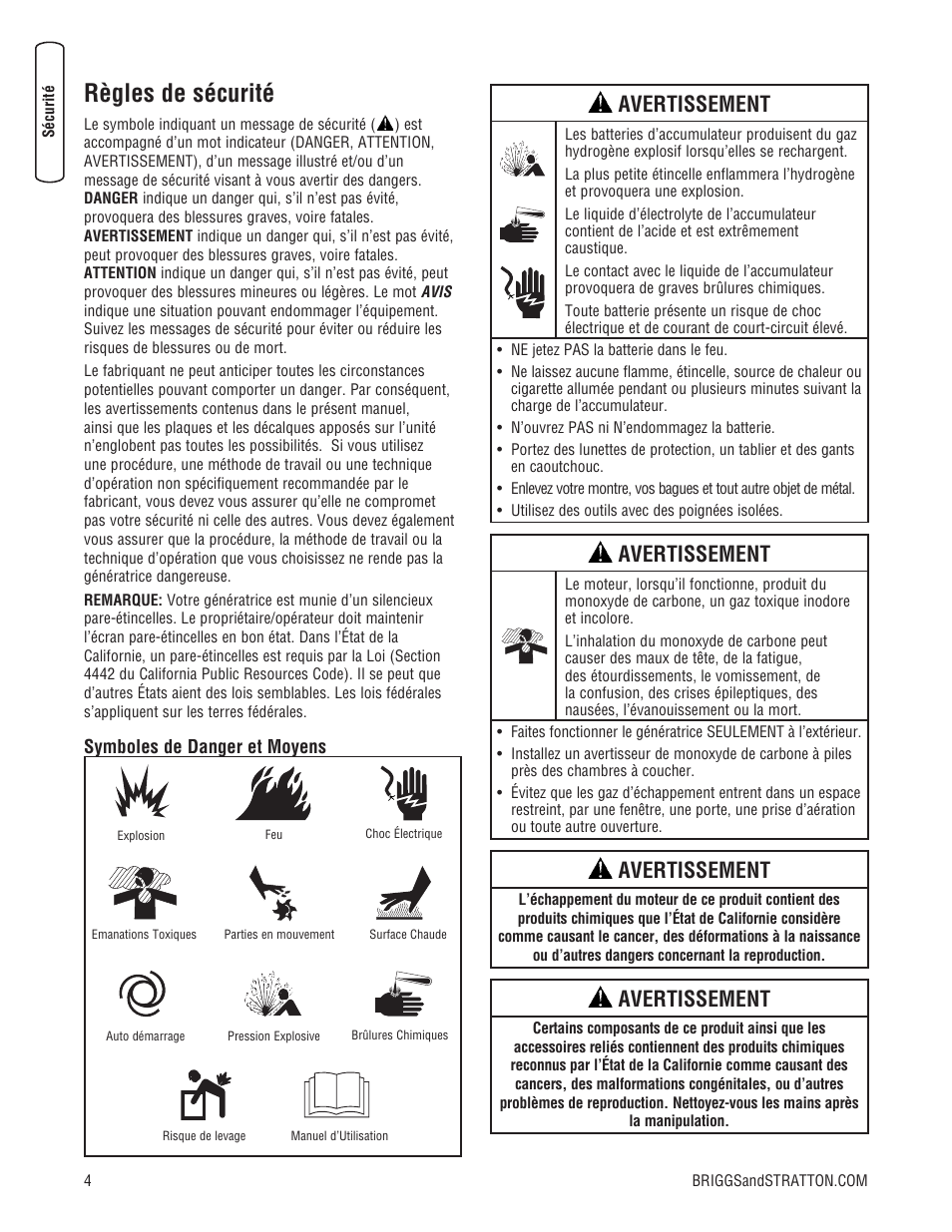 Règles de sécurité, Avertissement | Briggs & Stratton 7000 WATT 206484GS User Manual | Page 66 / 92