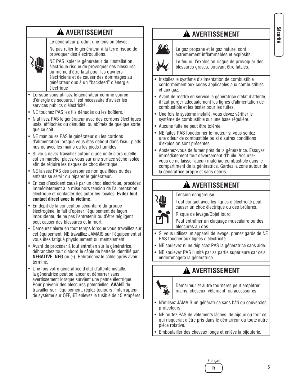 Avertissement | Briggs & Stratton 7000 WATT 206484GS User Manual | Page 67 / 92