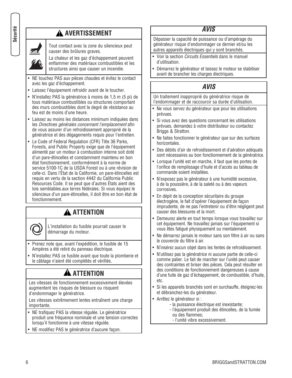 Avertissement, Attention, Avis | Briggs & Stratton 7000 WATT 206484GS User Manual | Page 68 / 92