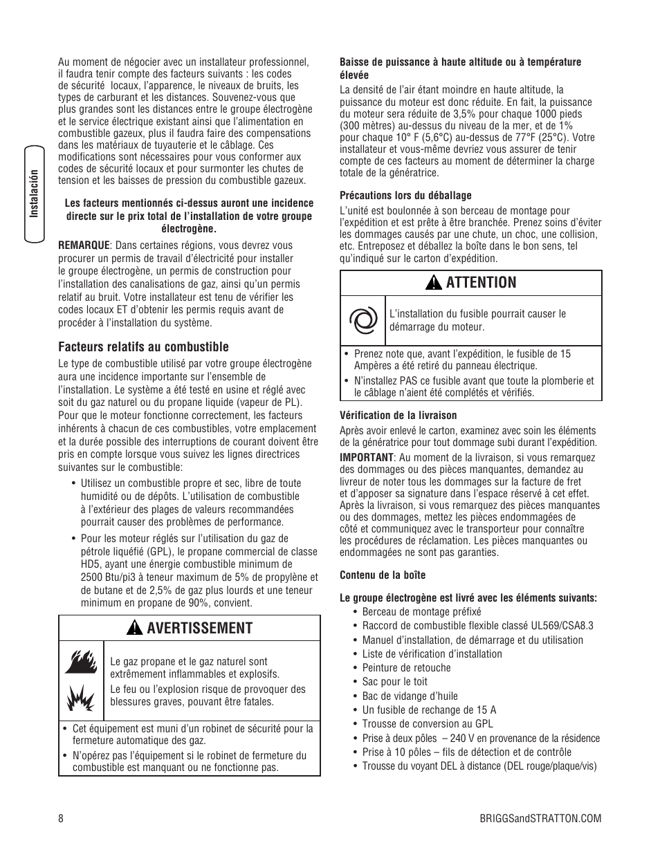 Avertissement, Attention | Briggs & Stratton 7000 WATT 206484GS User Manual | Page 70 / 92