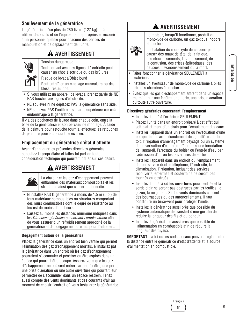 Avertissement | Briggs & Stratton 7000 WATT 206484GS User Manual | Page 71 / 92
