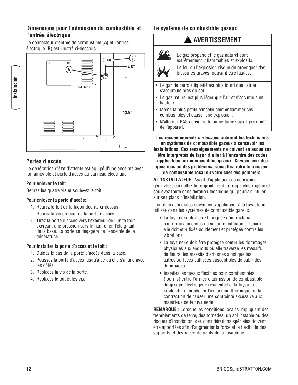 Avertissement | Briggs & Stratton 7000 WATT 206484GS User Manual | Page 74 / 92