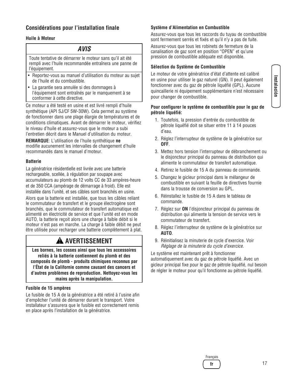 Avis, Avertissement | Briggs & Stratton 7000 WATT 206484GS User Manual | Page 79 / 92