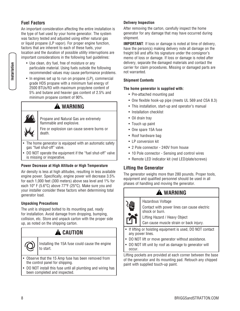 Warning, Caution | Briggs & Stratton 7000 WATT 206484GS User Manual | Page 8 / 92